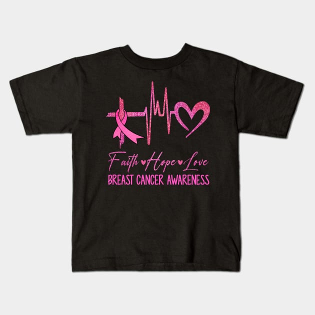 Faith Hope Love Breast Cancer Awareness Ribbon Heartbeat Kids T-Shirt by James Green